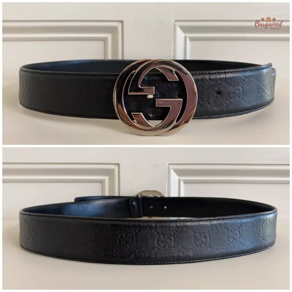 Authentic Gucci Black Guccissima Leather Silver Interlocking G Buckle Belt 90/36 - Picture 6 of 14